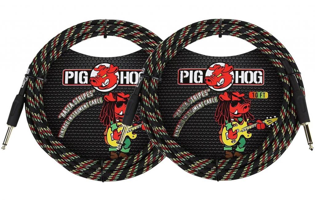 2 Pack Pig Hog Instrument Cable 10 ft. Rasta Stripes, PCH10RA-2