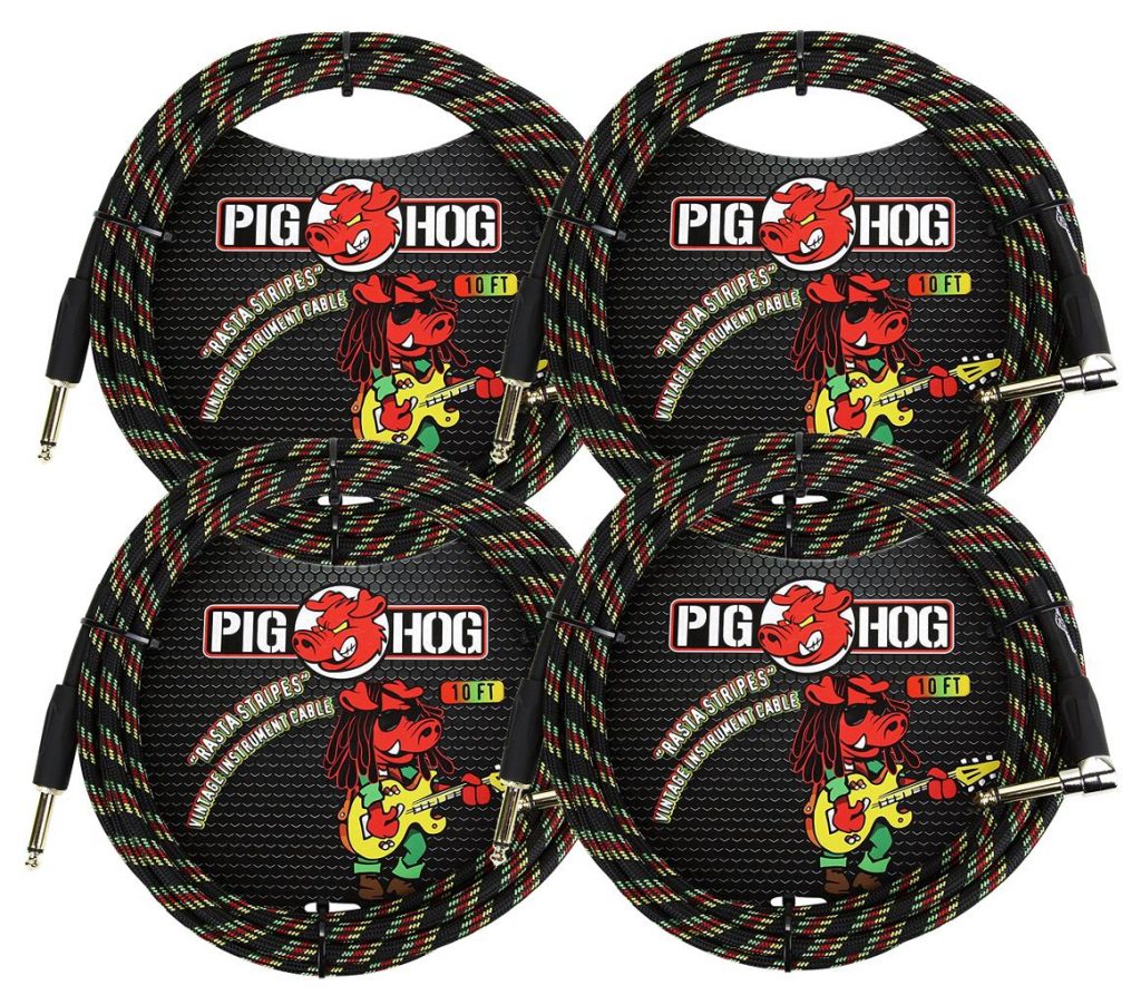 4 Pack Pig Hog 1/4' Straight to 1/4' Right-Angle Rasta Stripes Instrument Cable, 10 feet  PCH10RAR-4