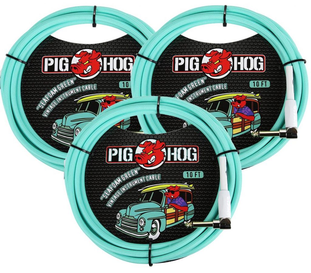 3 Pack Pig Hog 1/4' Straight to 1/4' Right-Angle Seafoam Green Instrument Cable, 10 feet PCH10SGR-3