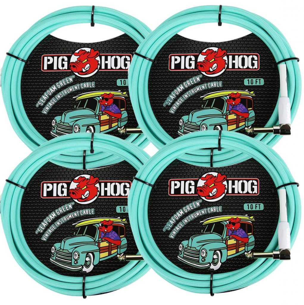 4 Pack Pig Hog 1/4' Straight to 1/4' Right-Angle Seafoam Green Instrument Cable, 10 feet PCH10SGR-4