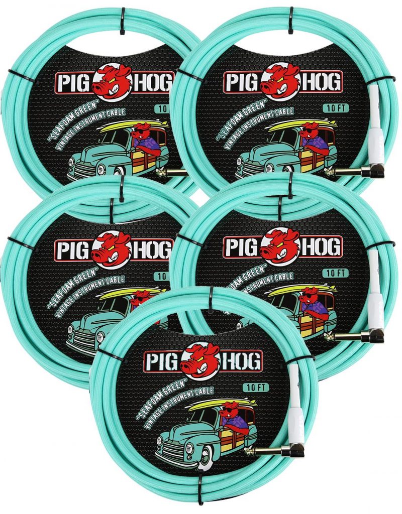 5 Pack Pig Hog 1/4' Straight to 1/4' Right-Angle Seafoam Green Instrument Cable, 10 feet PCH10SGR-5