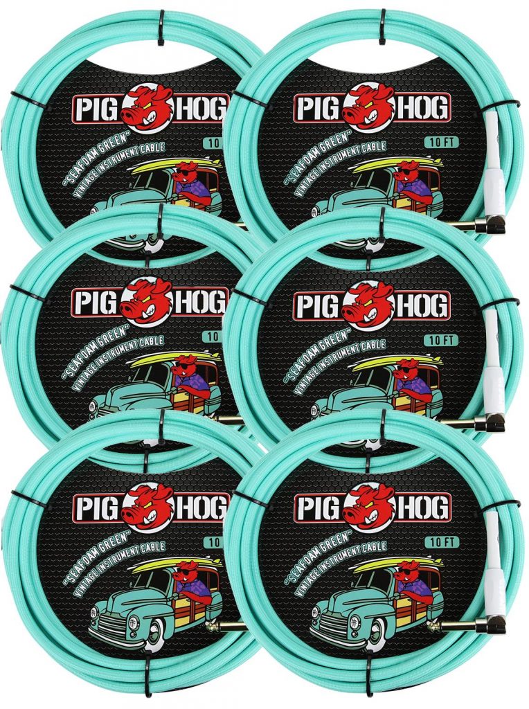 6 Pack Pig Hog 1/4' Straight to 1/4' Right-Angle Seafoam Green Instrument Cable, 10 feet PCH10SGR-6