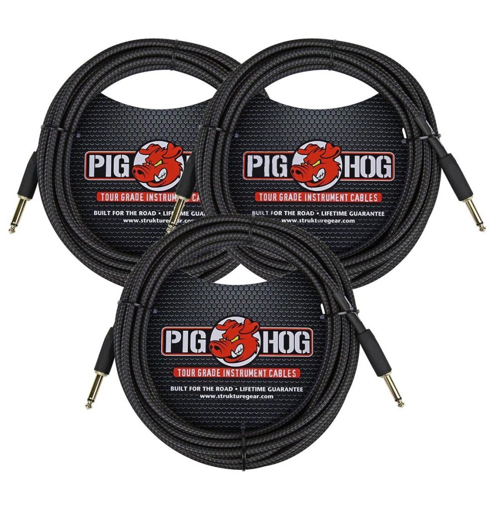 3 Pack Pig Hog Instrument Cable Black Woven 1/4' to 1/4' 20 ft. Black Woven, PCH20BK-3