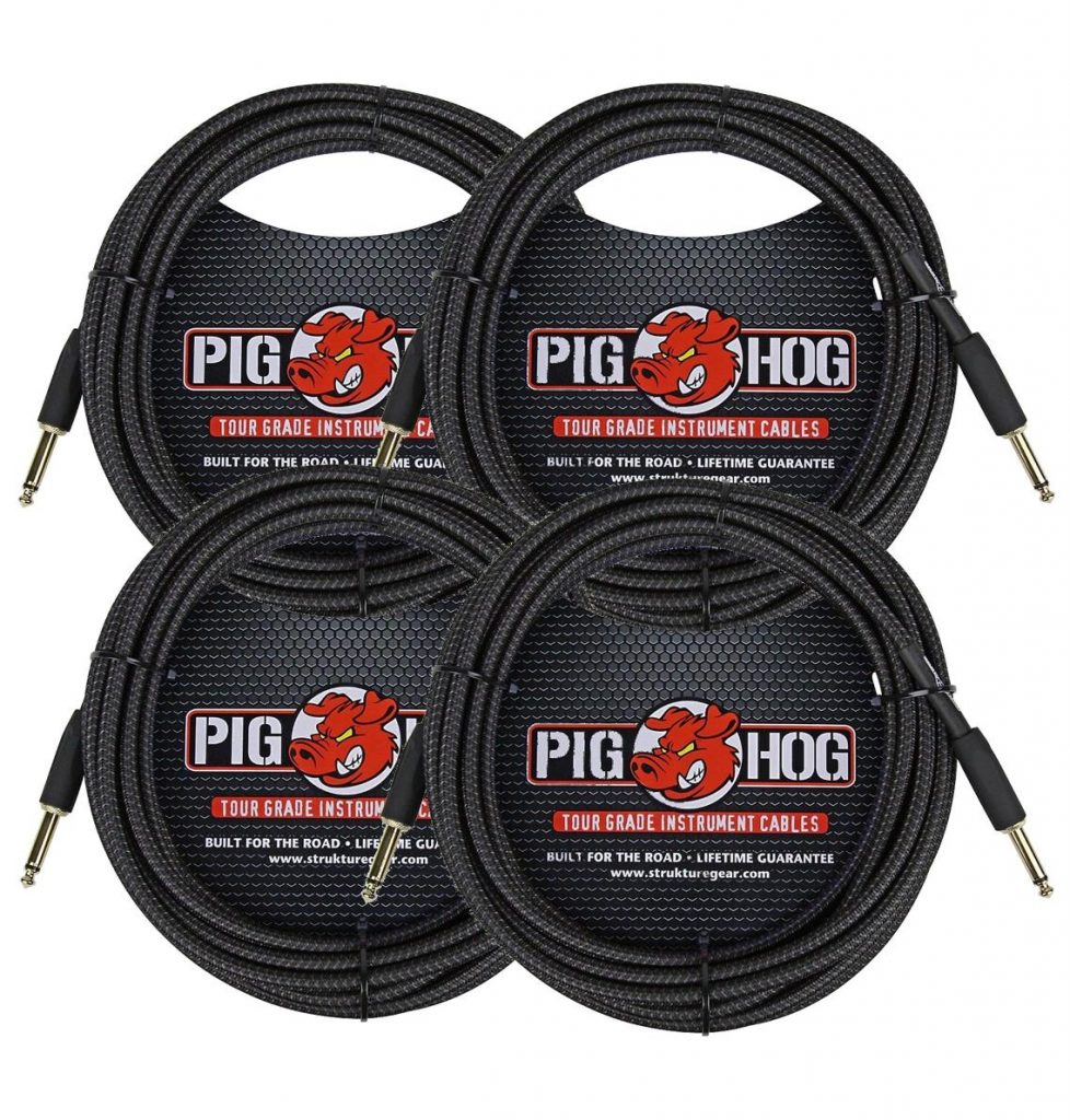 4 Pack Pig Hog Instrument Cable Black Woven 1/4' to 1/4' 20 ft. Black Woven, PCH20BK-4