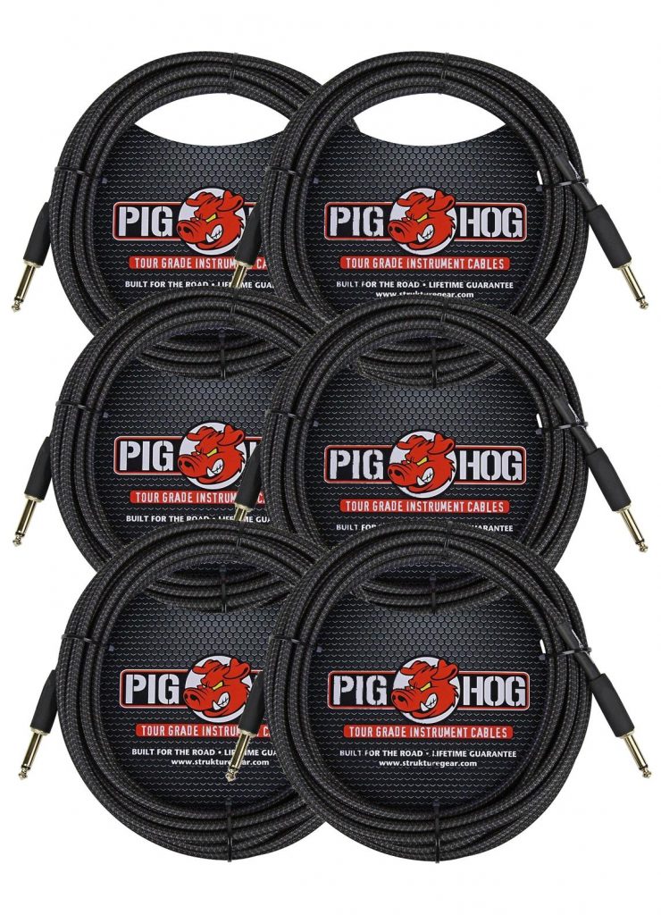 6 Pack Pig Hog Instrument Cable Black Woven 1/4' to 1/4' 20 ft. Black Woven, PCH20BK-6