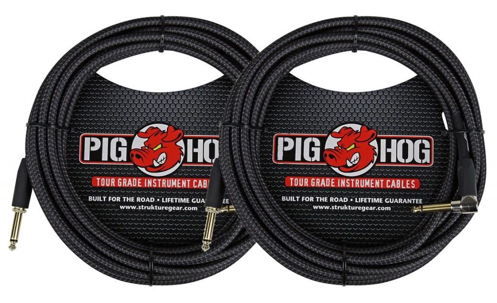 2 Pack Pig Hog Instrument Cable Black Woven 1/4' to 1/4' Right Angle 20 ft. Black Woven, PCH20BKR-2