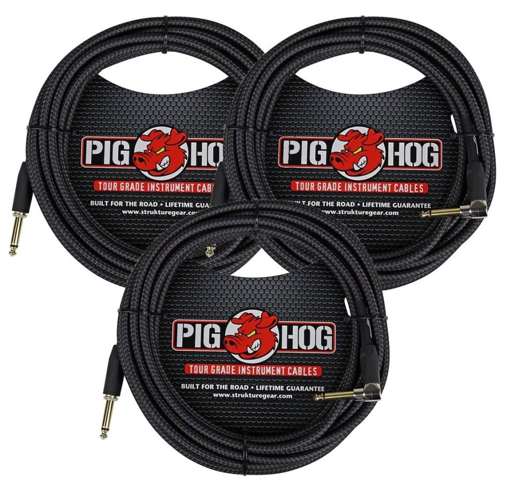 3 Pack Pig Hog Instrument Cable Black Woven 1/4' to 1/4' Right Angle 20 ft. Black Woven, PCH20BKR-3