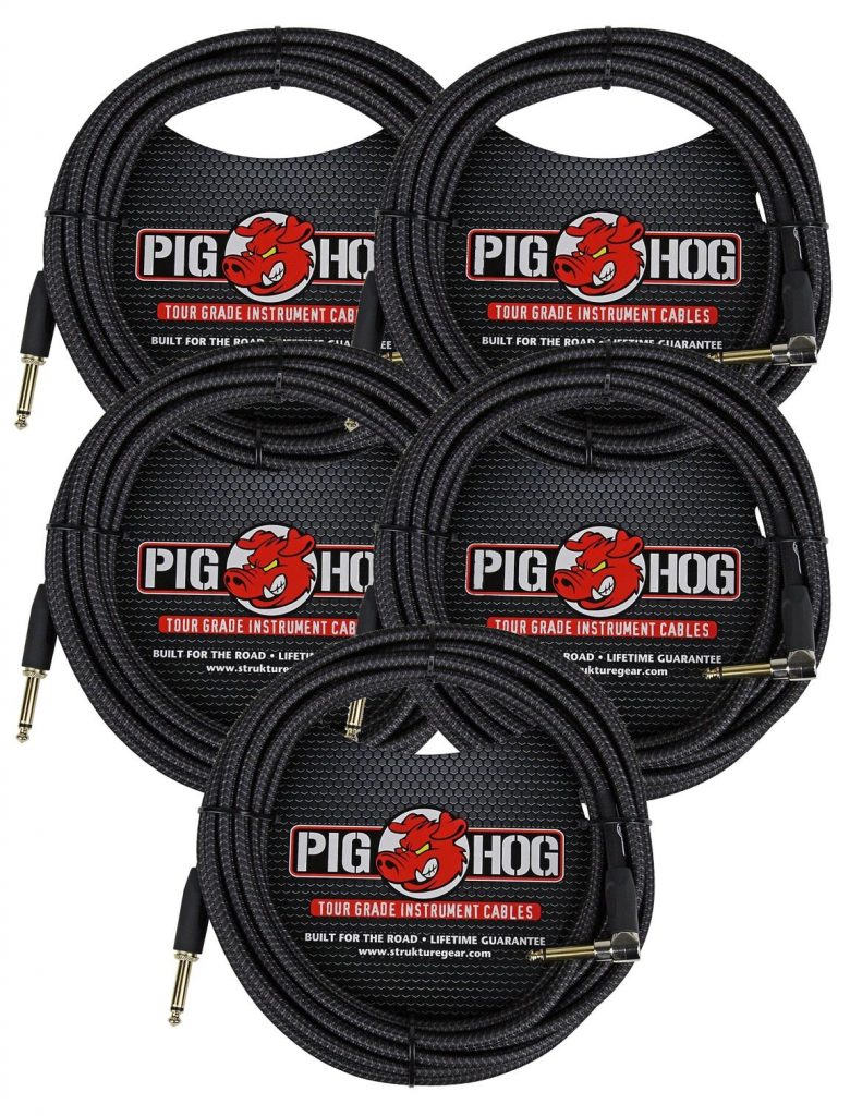 5 Pack Pig Hog Instrument Cable Black Woven 1/4' to 1/4' Right Angle 20 ft. Black Woven, PCH20BKR-5