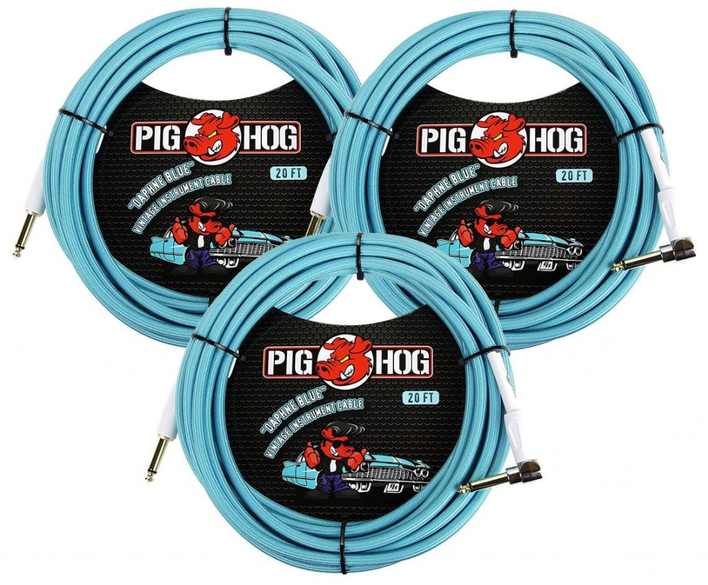 3 Pack Pig Hog 1/4' Straight to 1/4' Right-Angle Daphne Blue Instrument Cable, 20 feet PCH20DBR-3
