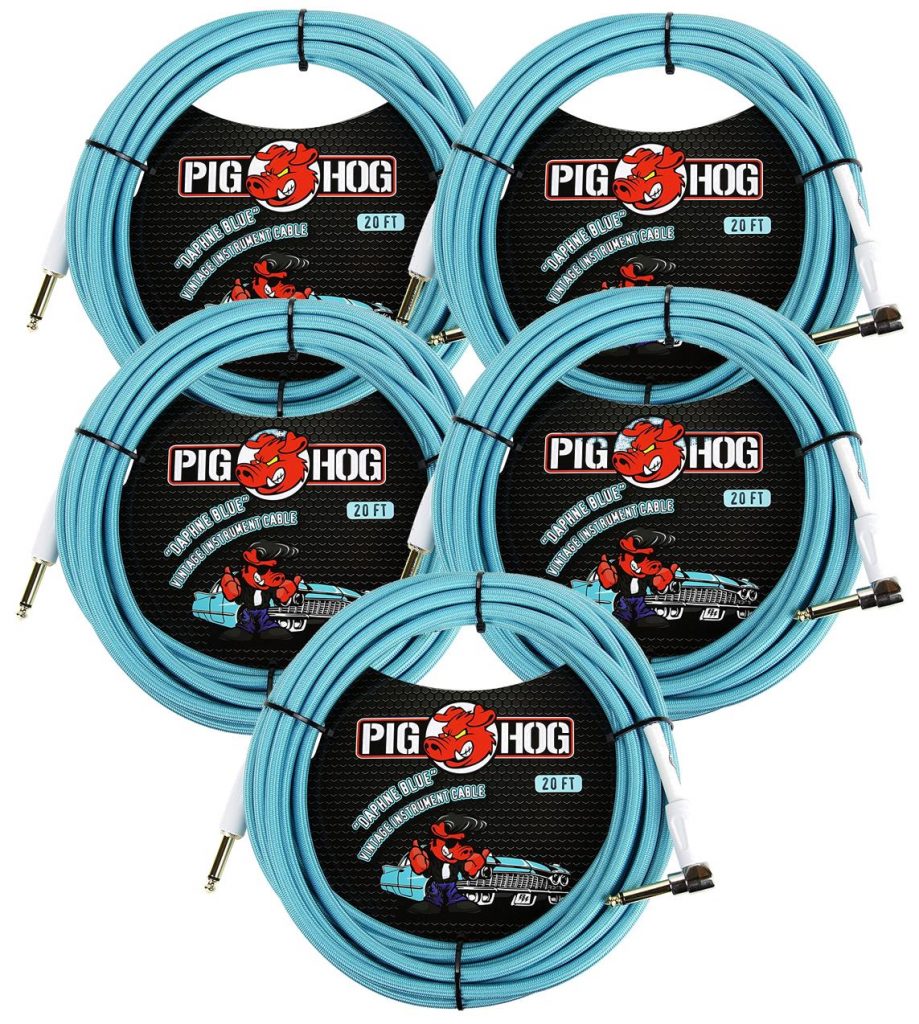 5 Pack Pig Hog 1/4' Straight to 1/4' Right-Angle Daphne Blue Instrument Cable, 20 feet PCH20DBR-5
