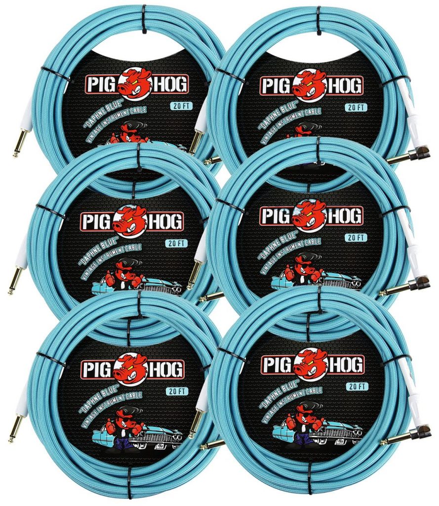 6 Pack Pig Hog 1/4' Straight to 1/4' Right-Angle Daphne Blue Instrument Cable, 20 feet PCH20DBR-6