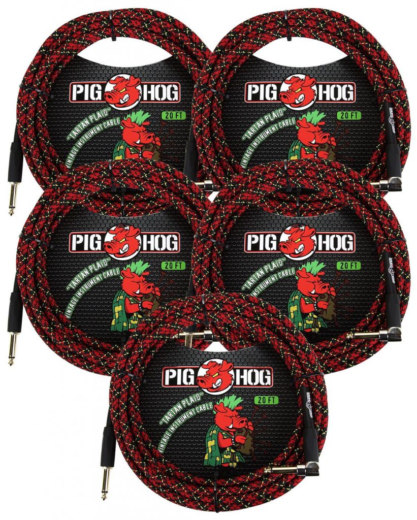 5 Pack Pig Hog 1/4' Straight to 1/4' Right-Angle Tartan Plaid Instrument Cable, 20 feet PCH20PLR-5