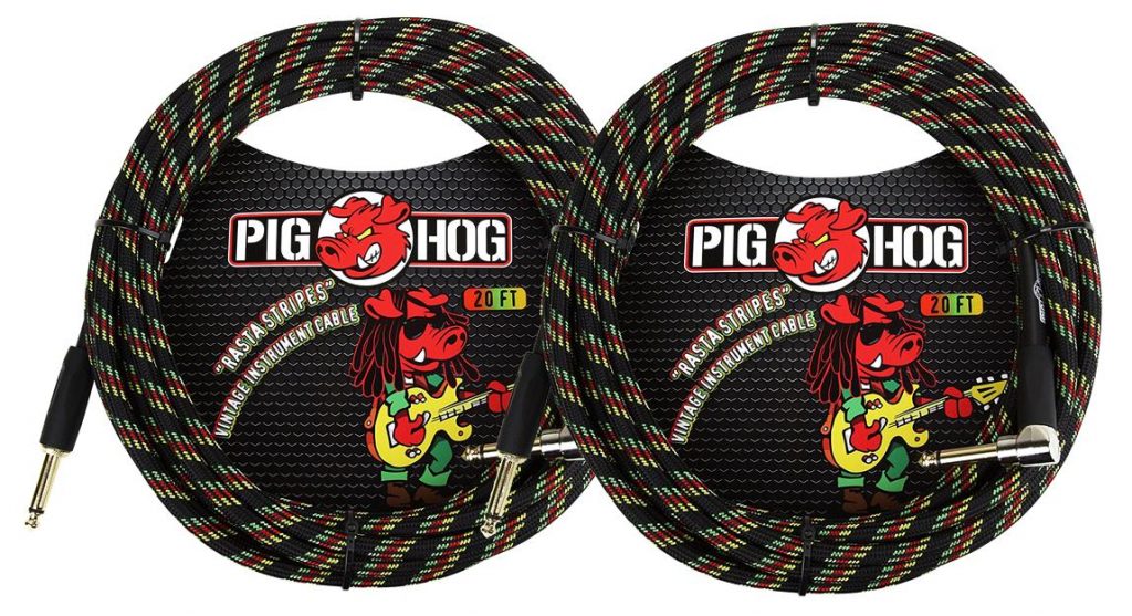 2 Pack Pig Hog 1/4' Straight to 1/4' Right-Angle Rasta Stripes Instrument Cable, 20 feet PCH20RAR-2