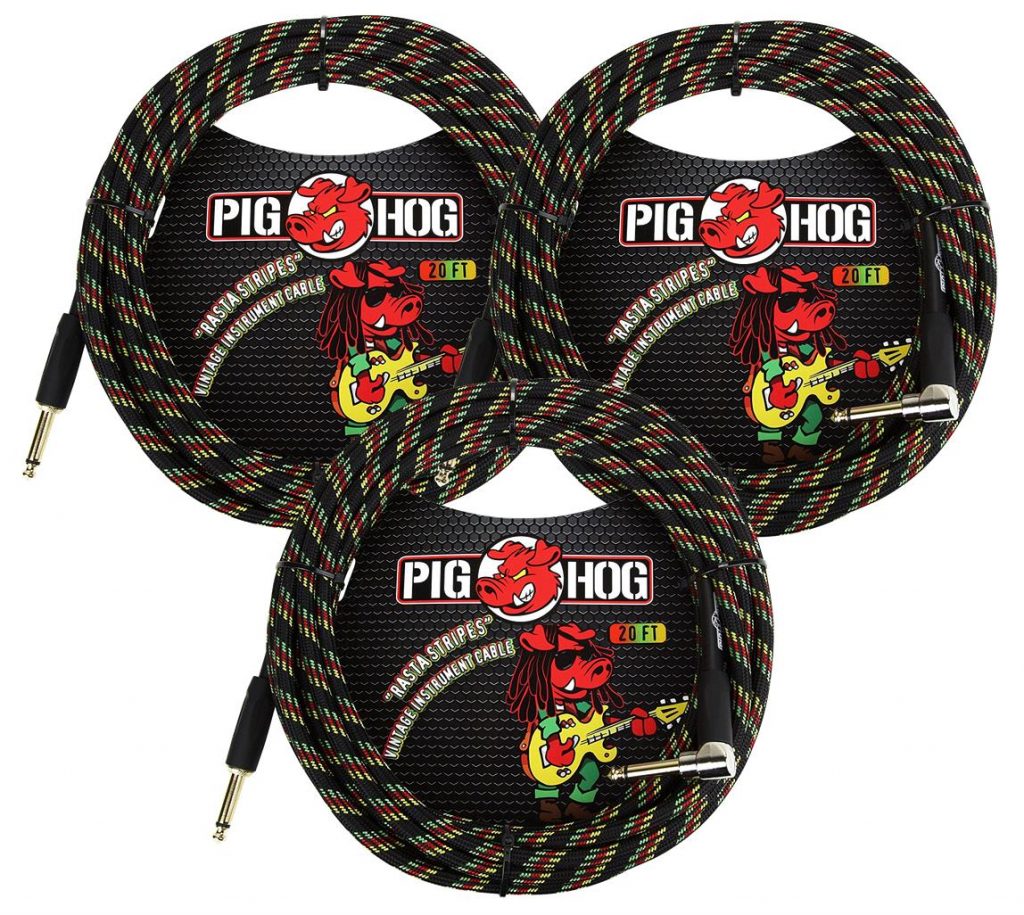 3 Pack Pig Hog 1/4' Straight to 1/4' Right-Angle Rasta Stripes Instrument Cable, 20 feet PCH20RAR-3