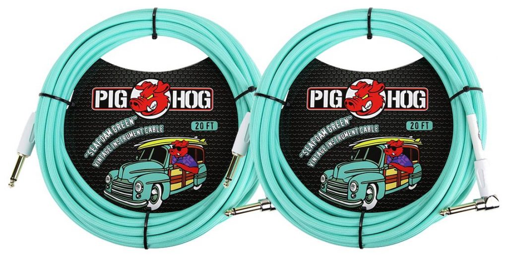 2 Pack Pig Hog 1/4' Straight to 1/4' Right-Angle Seafoam Green Instrument Cable, 20 feet PCH20SGR-2