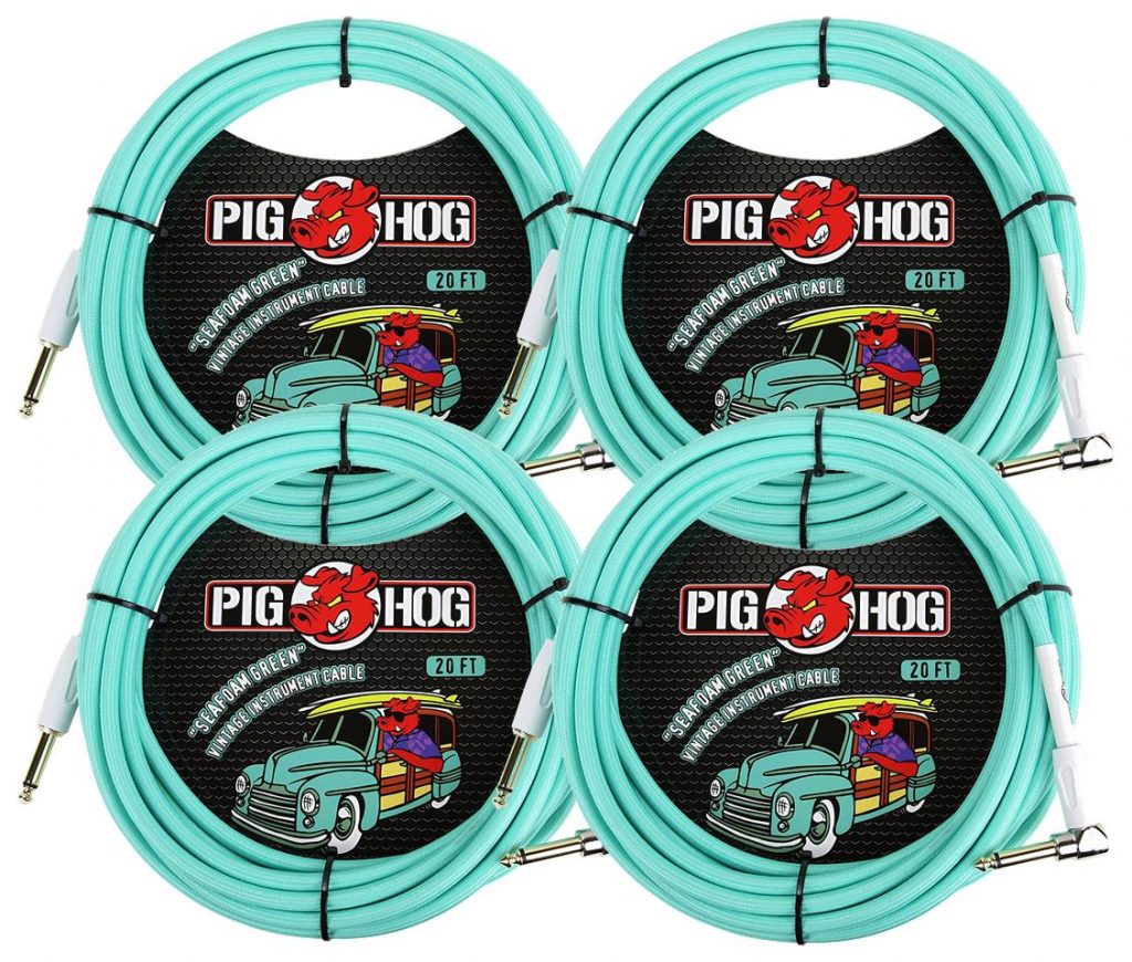 4 Pack Pig Hog 1/4' Straight to 1/4' Right-Angle Seafoam Green Instrument Cable, 20 feet PCH20SGR-4