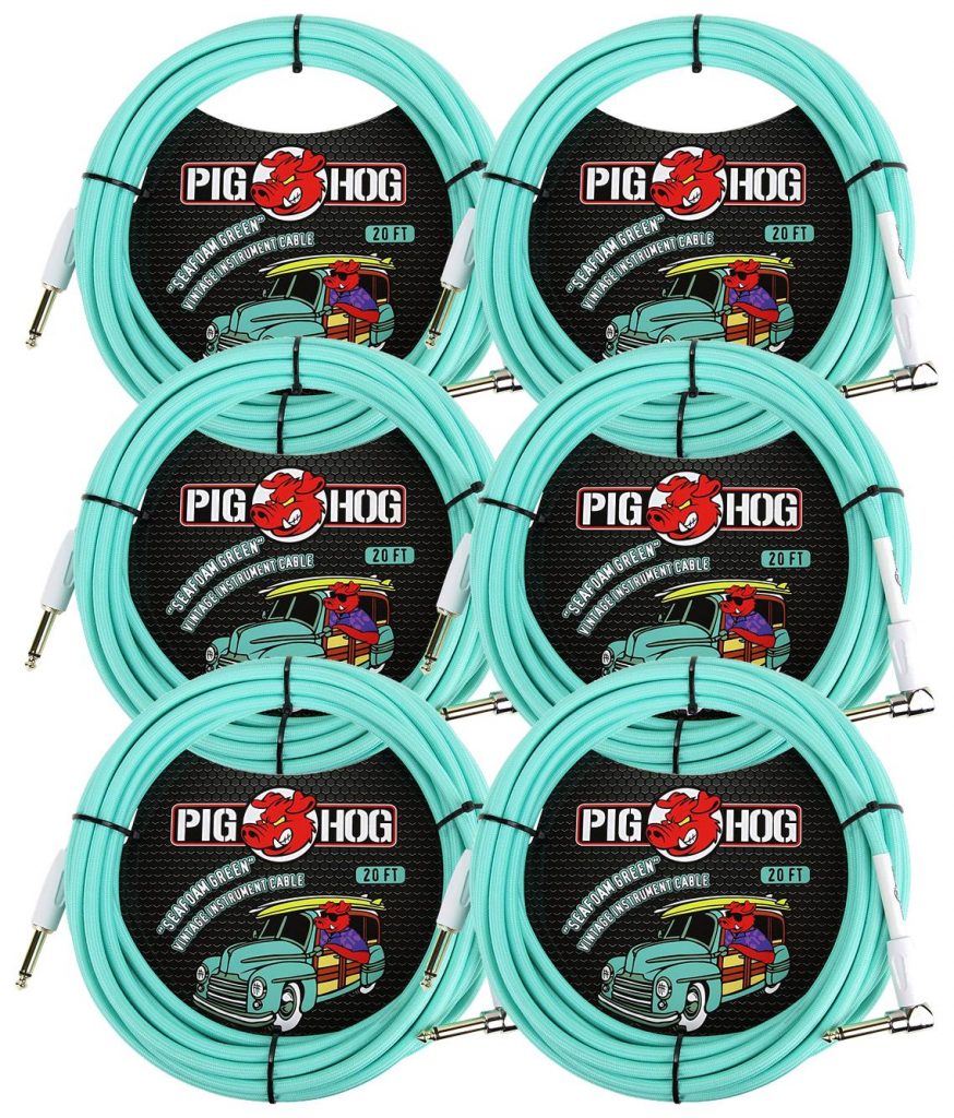 6 Pack Pig Hog 1/4' Straight to 1/4' Right-Angle Seafoam Green Instrument Cable, 20 feet PCH20SGR-6