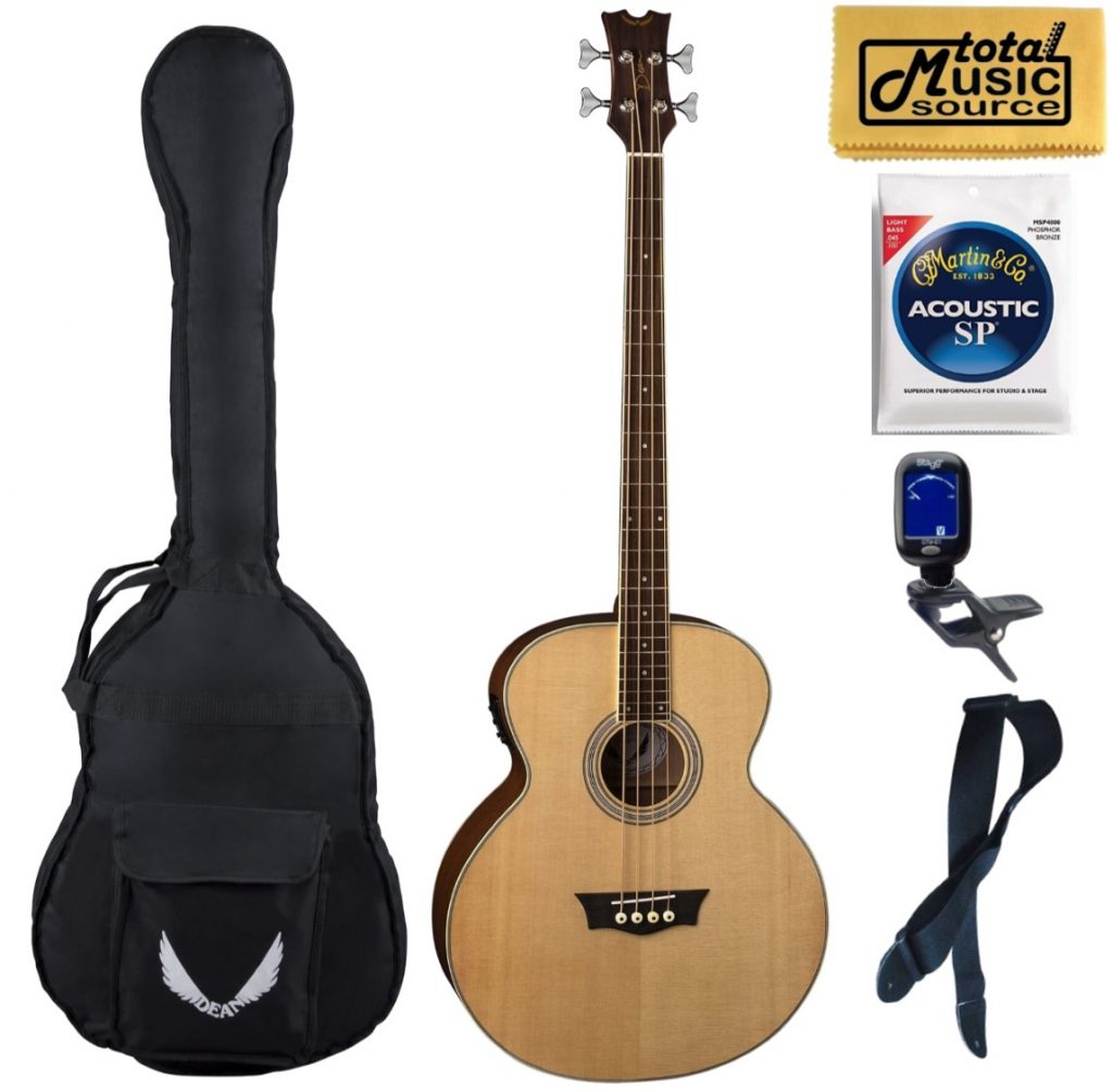 Dean EAB Acoustic-Electric 4 String Bass Guitar - Natural, Light Weight Bag Bundle
