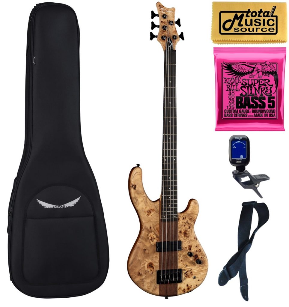 Dean Edge Select Pro 5-String Bass, Burled Poplar Satin Natural, Bag Bundle
