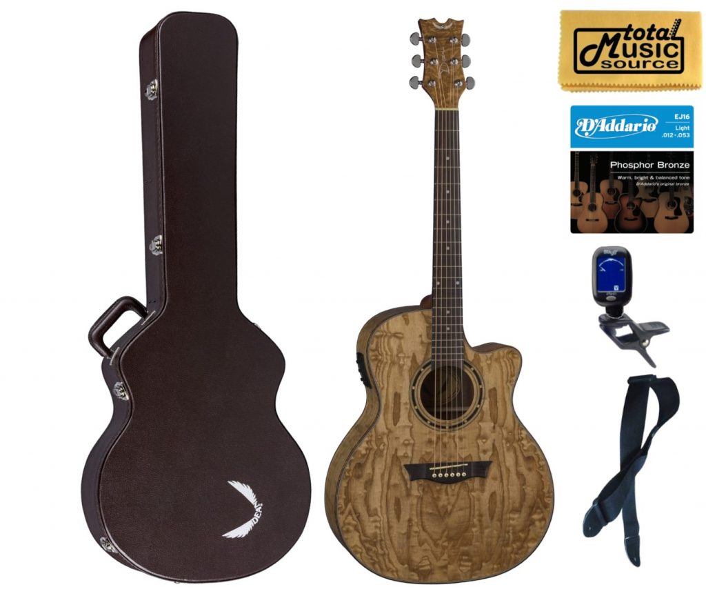 Dean EQA GN Exotica Quilt Ash A/E Guitar - Gloss Natural, Brown Hard Case Bundle
