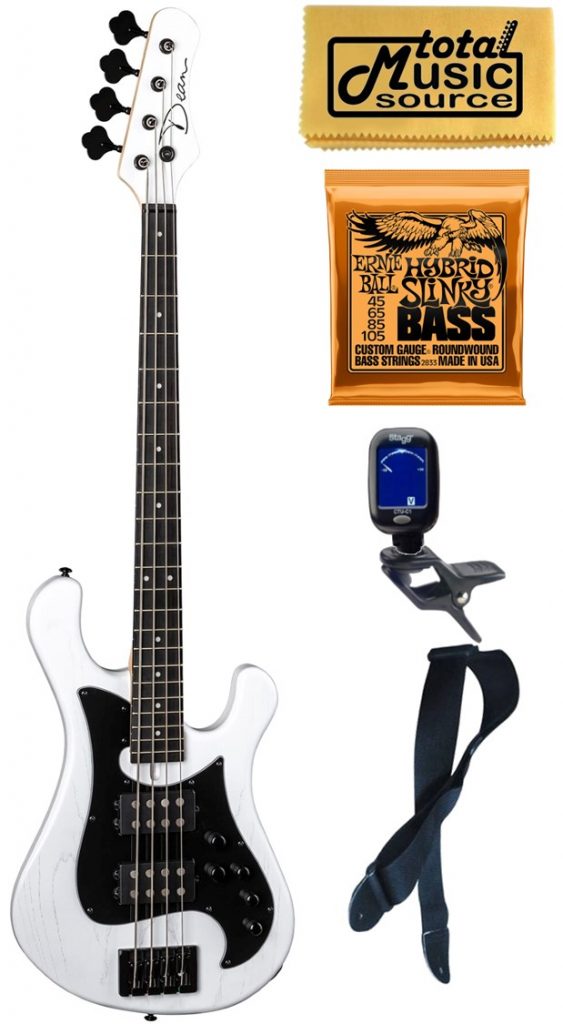 Dean Hillsboro Select White Satin 4 String Bass Guitar, Bundle
