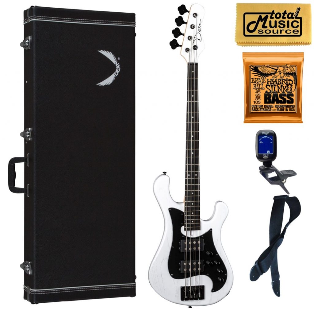 Dean Hillsboro Select White Satin 4 String Bass Guitar, Hard Case Bundle