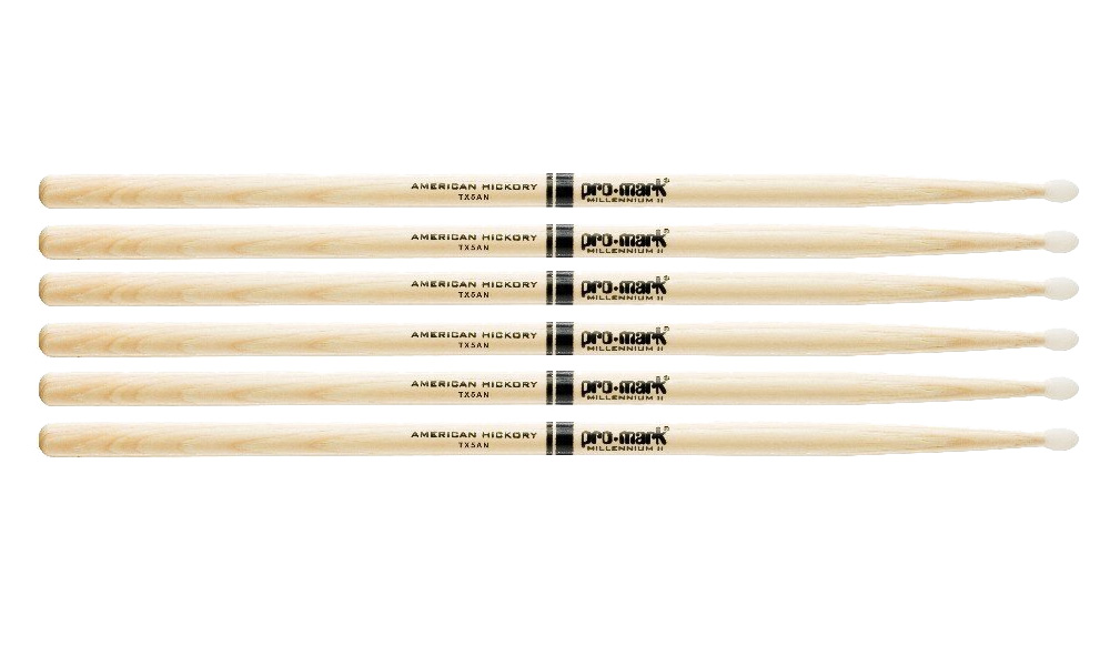 3 PACK Pro-Mark Hickory Drum Sticks, 5A Oval Nylon Tips, Medium, Made in USA, TX5AN-3