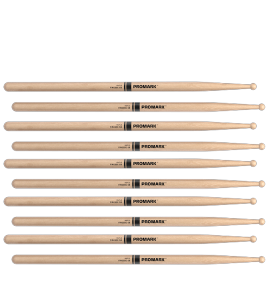 5 PACK ProMark Finesse 5B Maple Drumsticks, Small Round Wood Tip