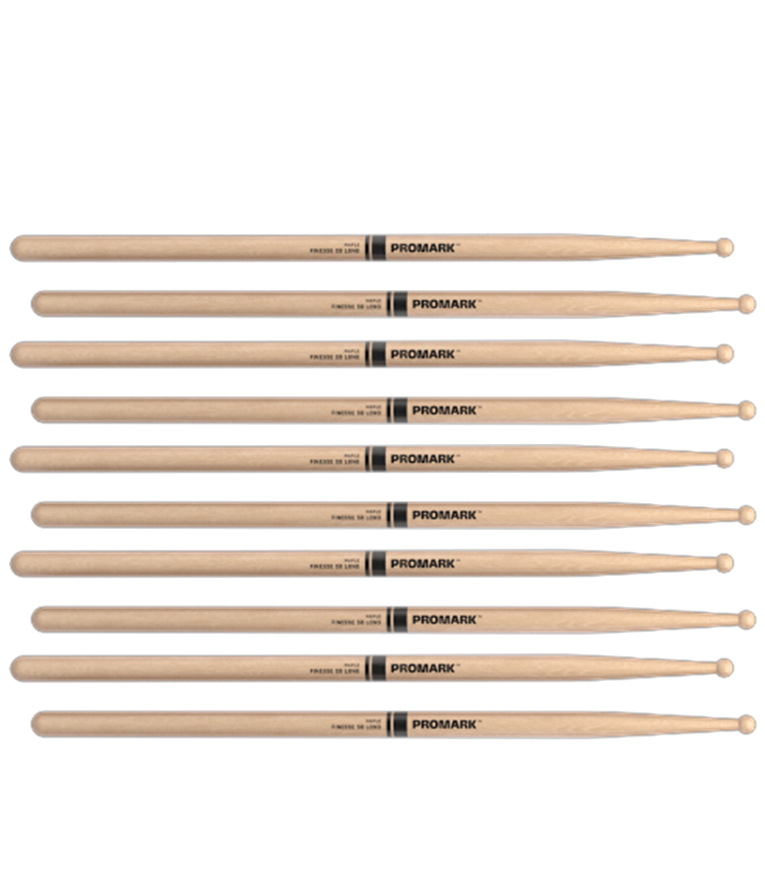 5 PACK ProMark Finesse 5B Long Maple Drumsticks, Small Round Wood Tip