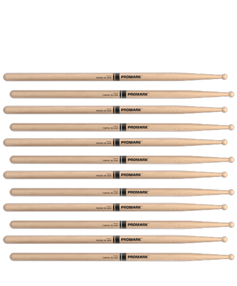 6 PACK ProMark Finesse 5B Long Maple Drumsticks, Small Round Wood Tip