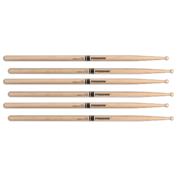 3 PACK ProMark Finesse 5A Long Maple Drumsticks, Small Round Wood Tip