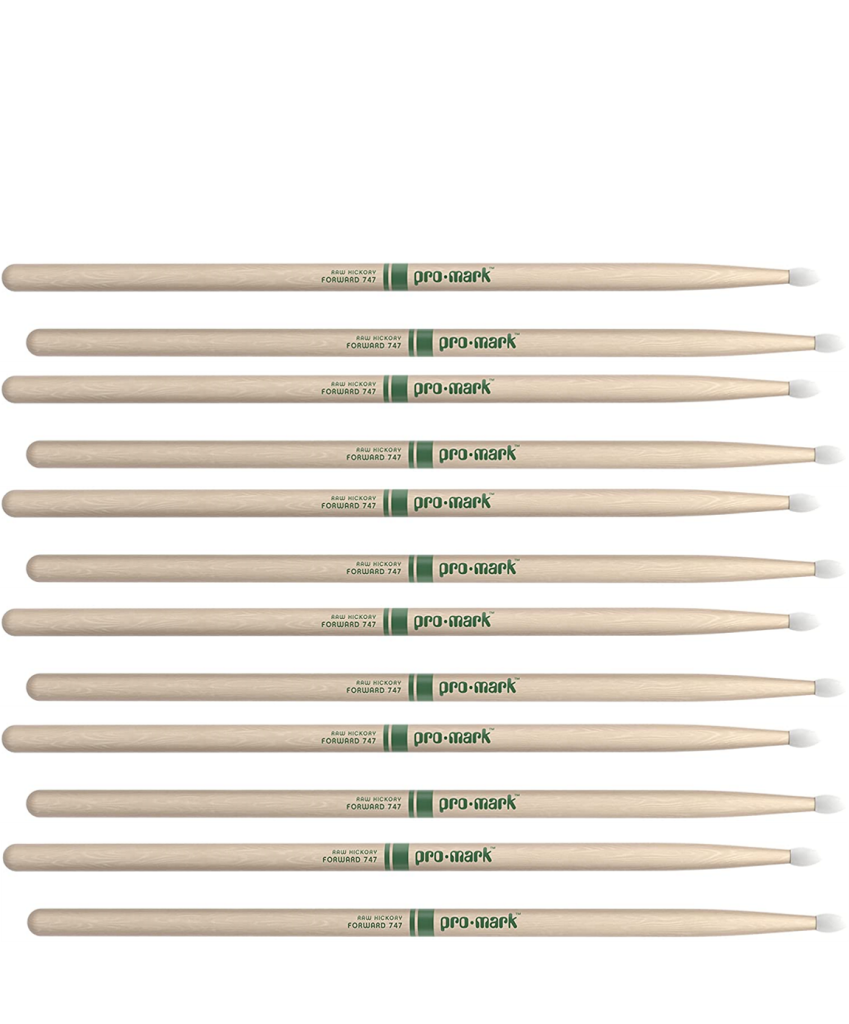 6 PACK ProMark Classic Forward 747 Raw Hickory Drumsticks, Oval Nylon Tip