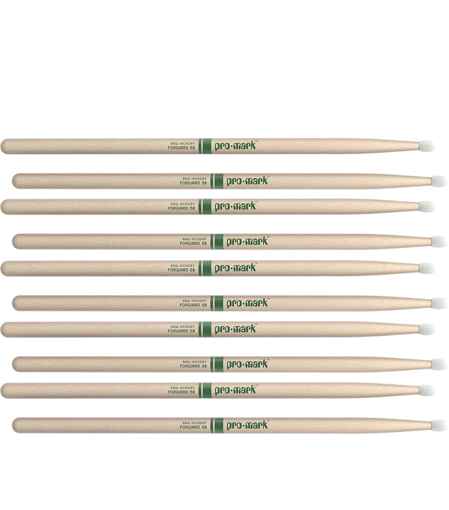 5 PACK ProMark Classic Forward 5B Raw Hickory Drumsticks, Oval Nylon Tip