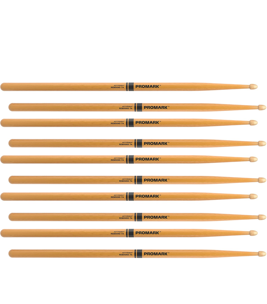 5 PACK Promark Rebound 7A ActiveGrip Clear Hickory Drumstick, Acorn Wood Tip