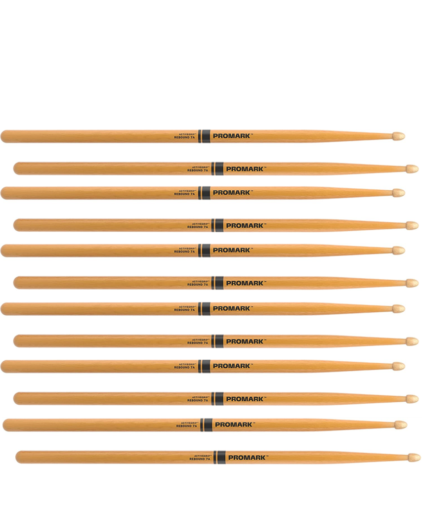 6 PACK Promark Rebound 7A ActiveGrip Clear Hickory Drumstick, Acorn Wood Tip