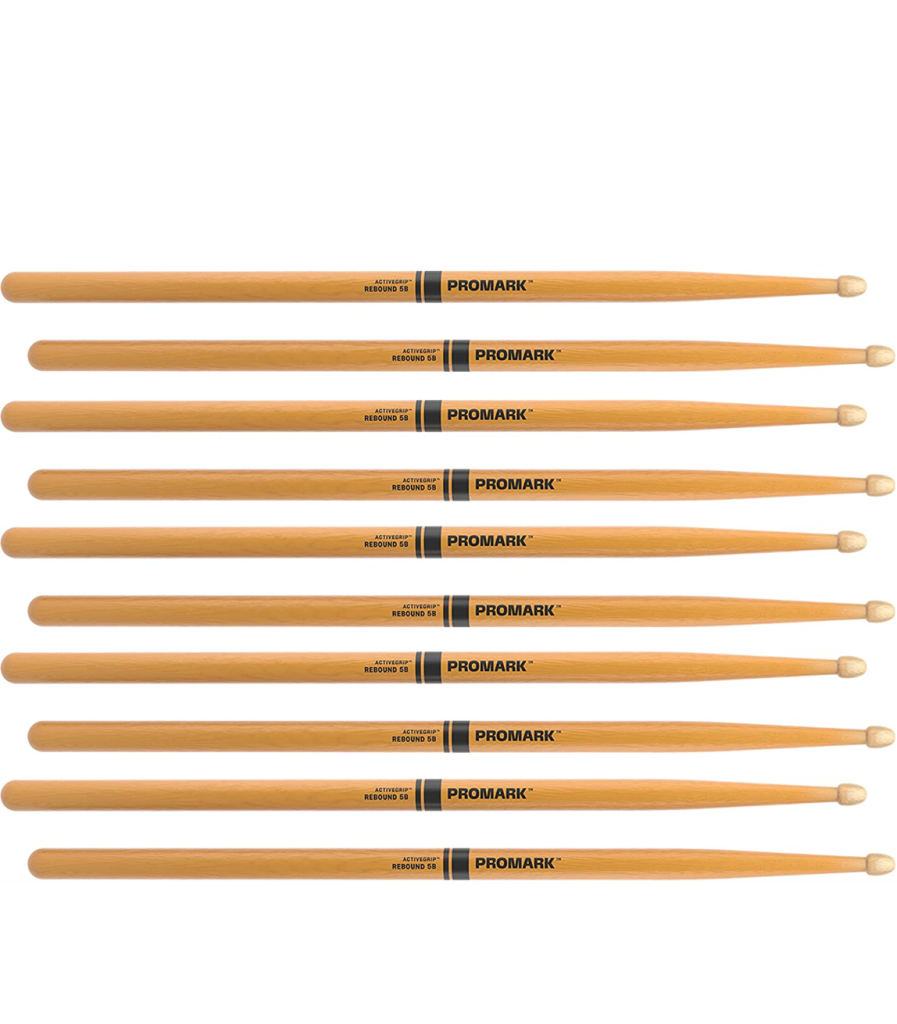 5 PACK Promark Rebound 5B ActiveGrip Clear Hickory Drumstick, Acorn Wood Tip