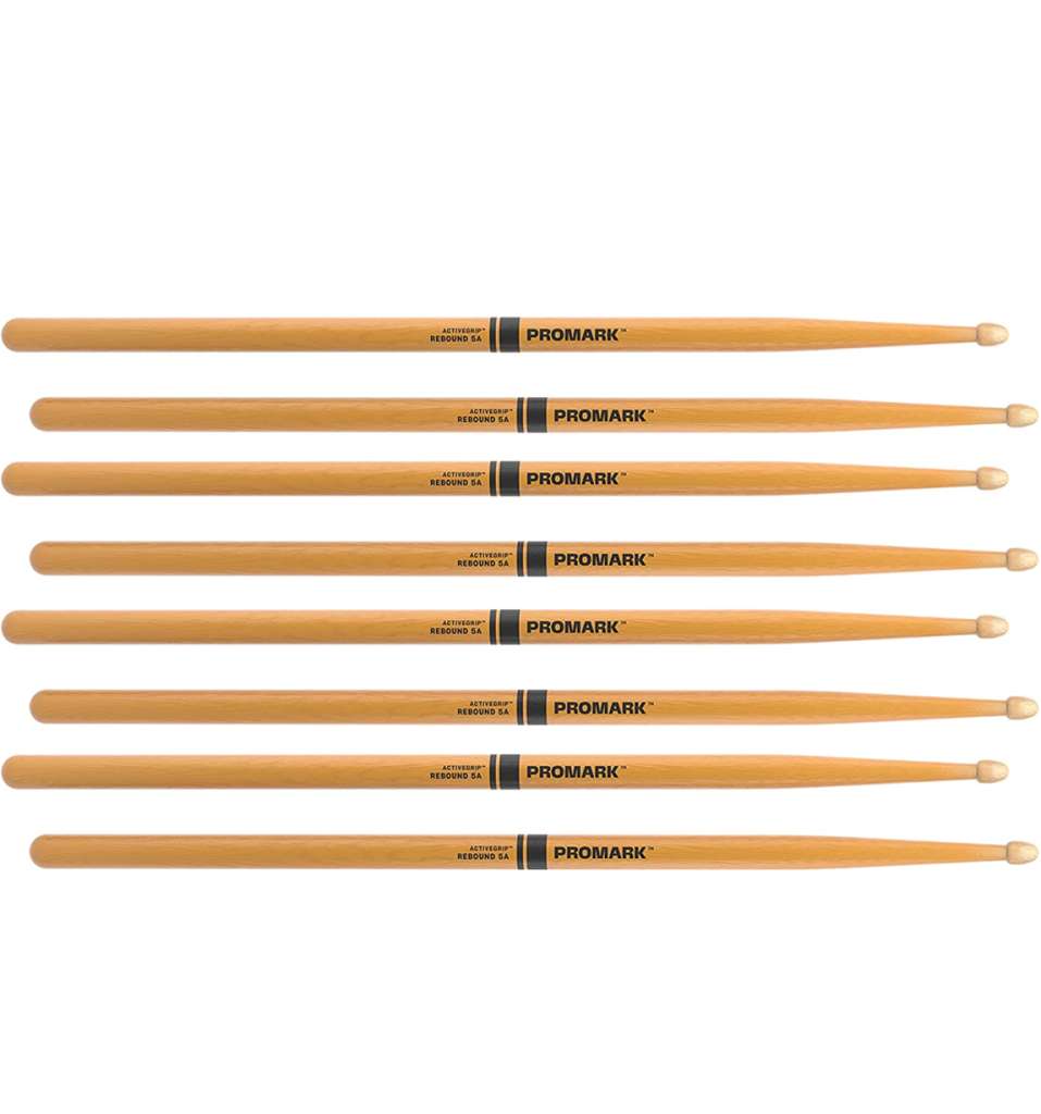 4 PACK Promark Rebound 5A ActiveGrip Clear Hickory Drumstick, Acorn Wood Tip