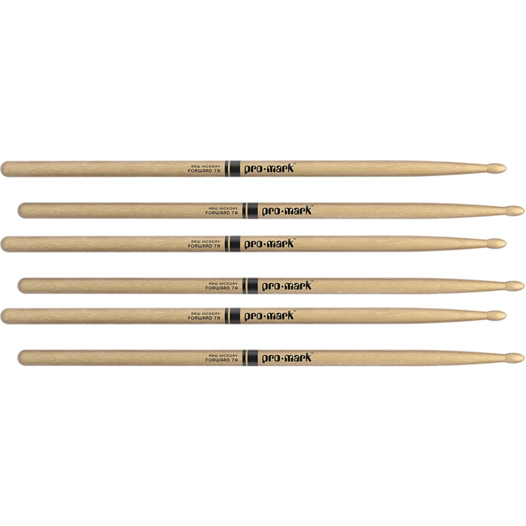 3 PACK ProMark American Hickory 7A Natural Drum Sticks, Oval Wood Tip