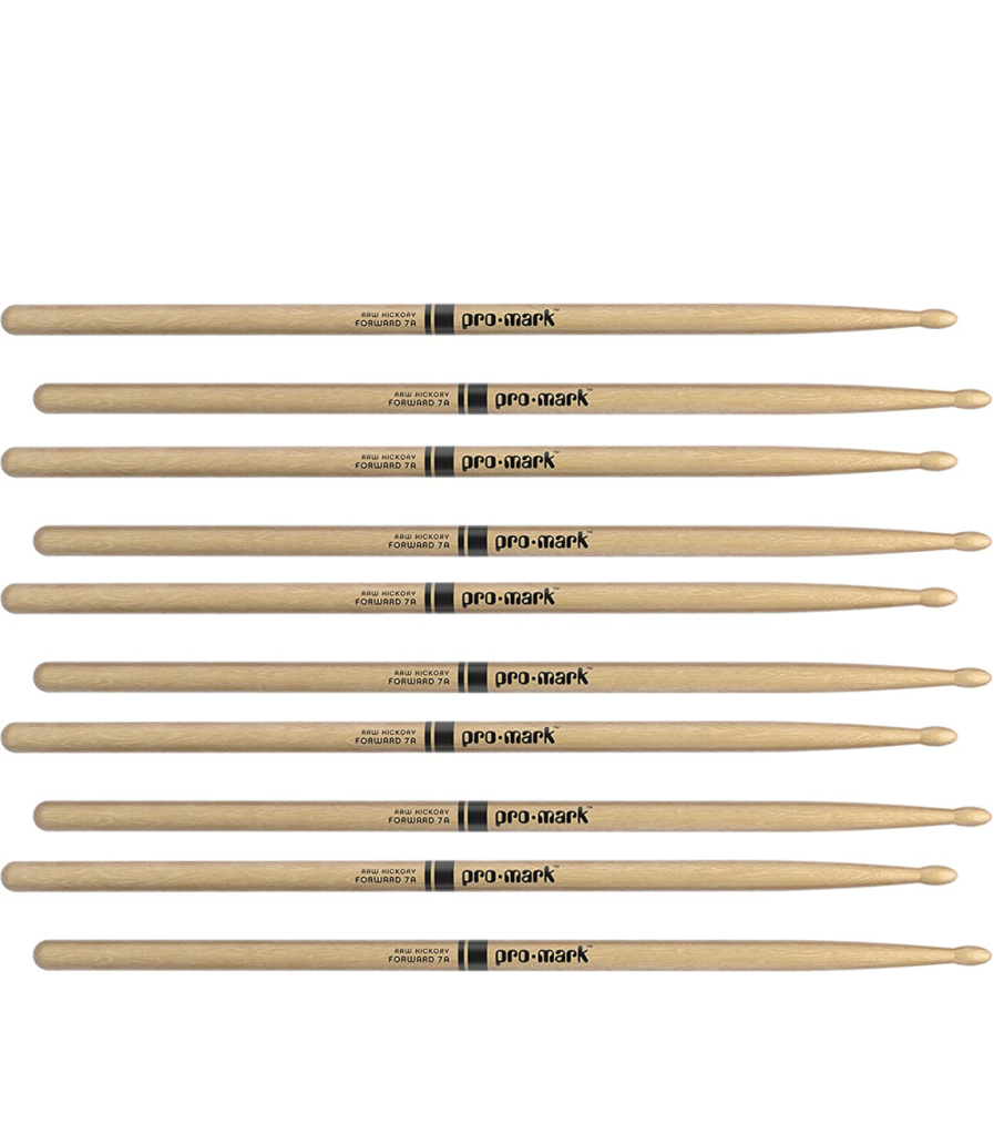 5 PACK ProMark American Hickory 7A Natural Drum Sticks, Oval Wood Tip