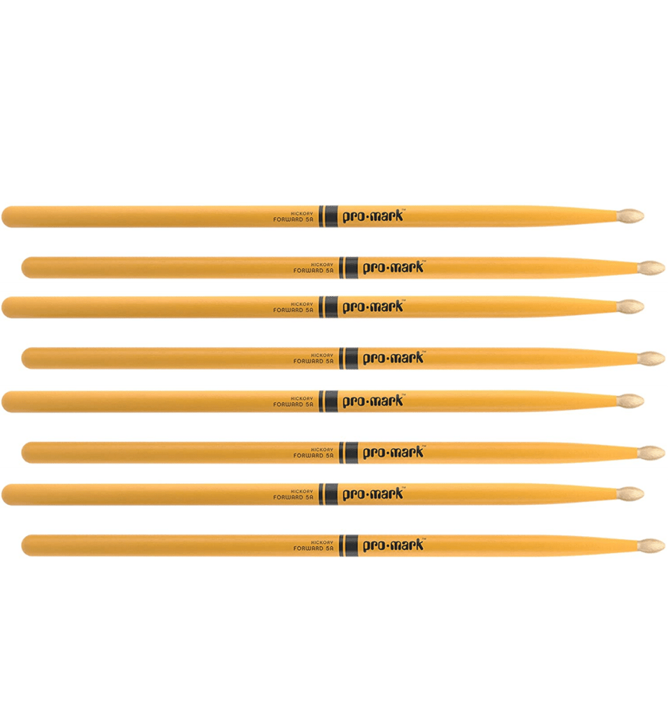 4 PACK ProMark Classic Forward 5A Painted Yellow Hickory Drumsticks, Oval Wood Tip