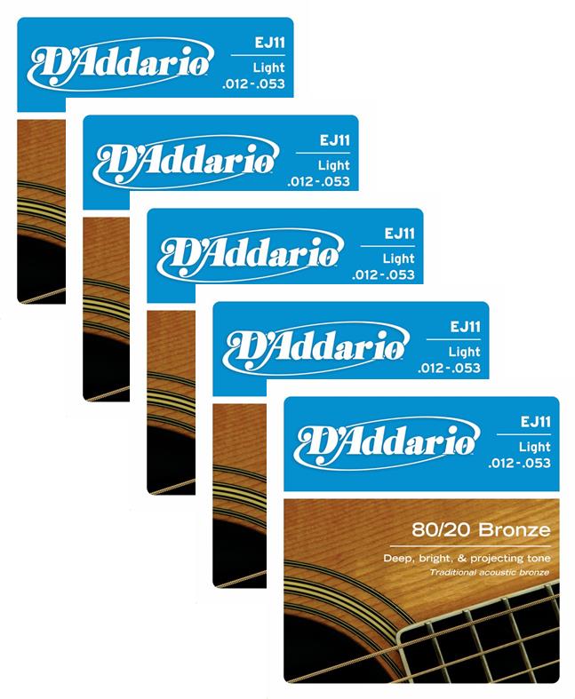 5 Pack - D'Addario 80/20 Bronze Acoustic Guitar Strings, Light, 12-53, EJ11 ^5