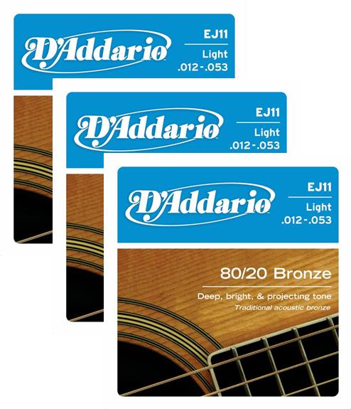 3 Pack - D'Addario 80/20 Bronze Acoustic Guitar Strings, Light, 12-53