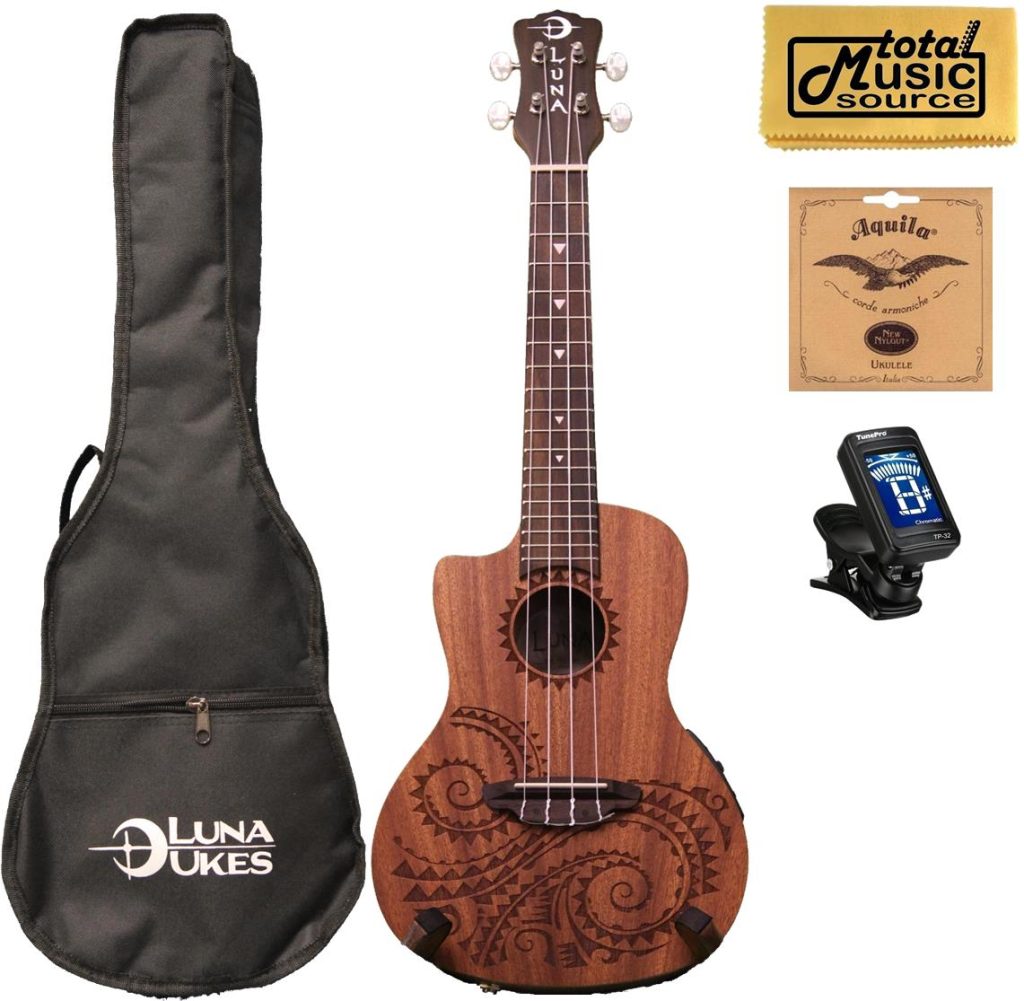 Luna Guitars A/E Concert Tattoo LEFTY w/Strings,Tuner & PC, UKE TEC MAH L COMP
