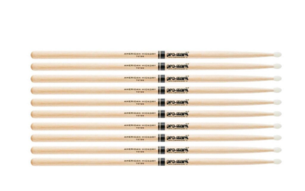5 PACK Pro-Mark Hickory Nylon Tip Premium Drum Sticks - 7A Light, TX7AN-5