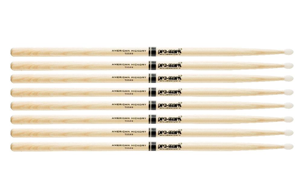 4 PACK Pro-Mark Hickory Drum Sticks, 5A Oval Nylon Tips, Medium, Made in USA, TX5AN-4
