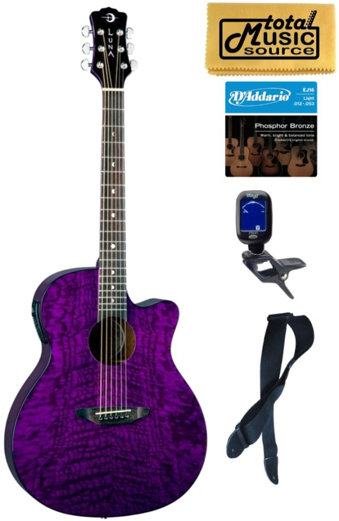 Luna GYP E QA TPP Gypsy Quilt Ash Trans Purple A/E Guitar Bundle