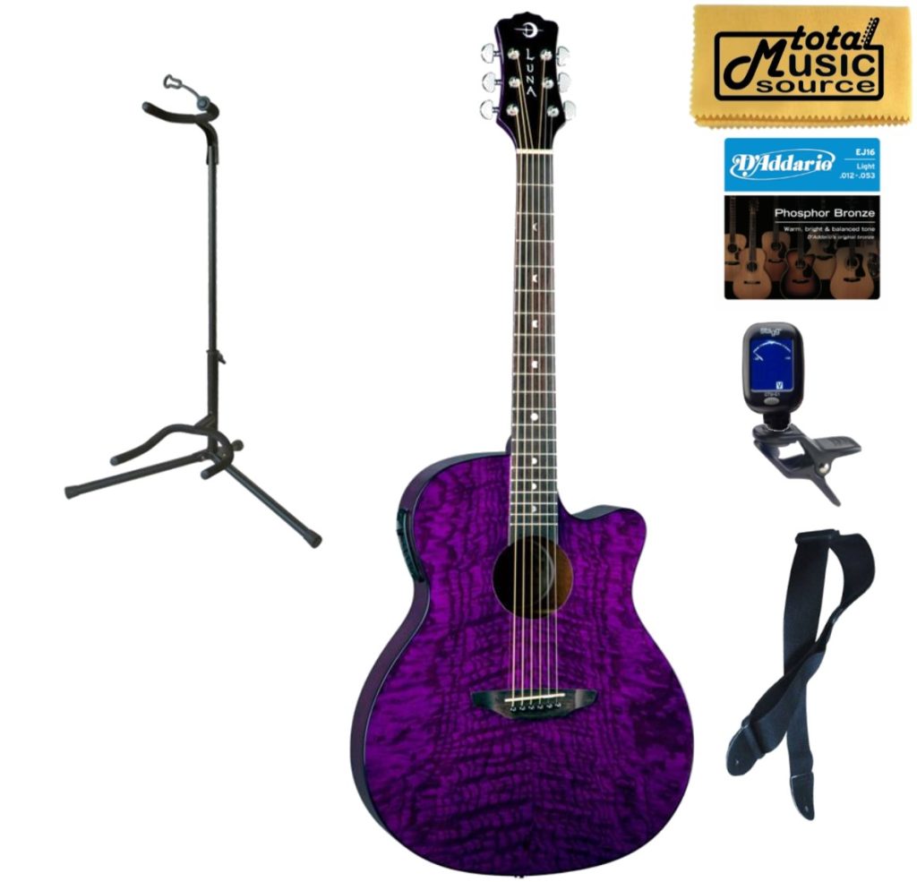 Luna GYP E QA TPP Gypsy Quilt Ash Trans Purple A/E Guitar Stand Bundle