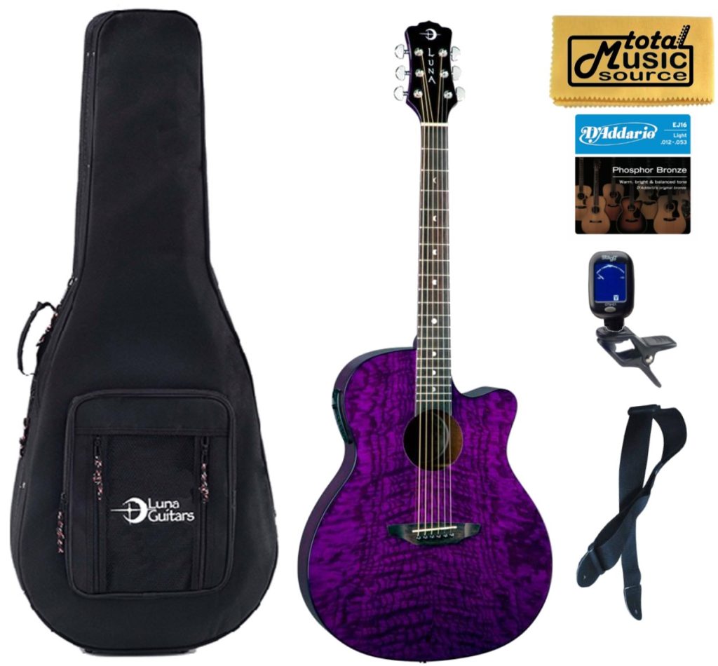 Luna GYP E QA TPP Gypsy Quilt Ash Trans Purple A/E Guitar Soft Case Bundle
