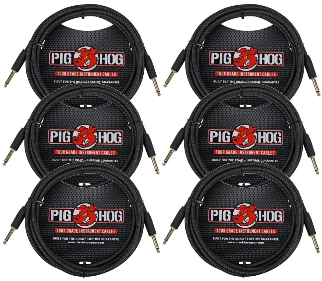 6 PACK Pig Hog Instrument Cable Black Woven 1/4' to 1/4' 10 ft. Black Woven, PCH10BK