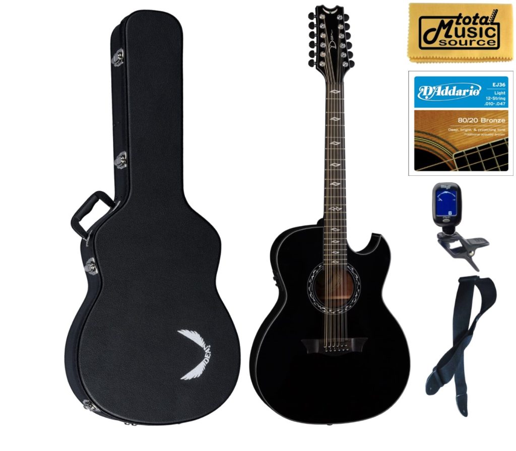 Dean Exhibition Acoustic Electric 12 String Guitar, Classic Black, Hard Case Bundle
